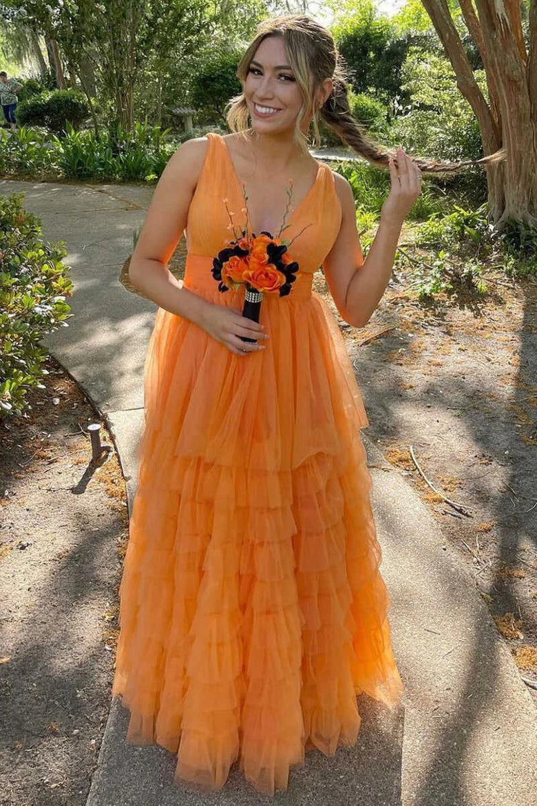 Multi-Tiered Lavender Plunge Neck A-Line Long Prom Dress