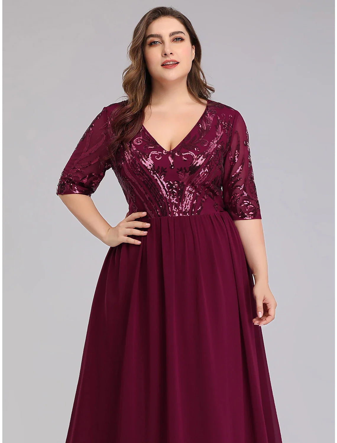 A-Line Prom Dresses Plus Size Dress Wedding Guest Floor Length Half Sleeve Plunging Neck Chiffon with