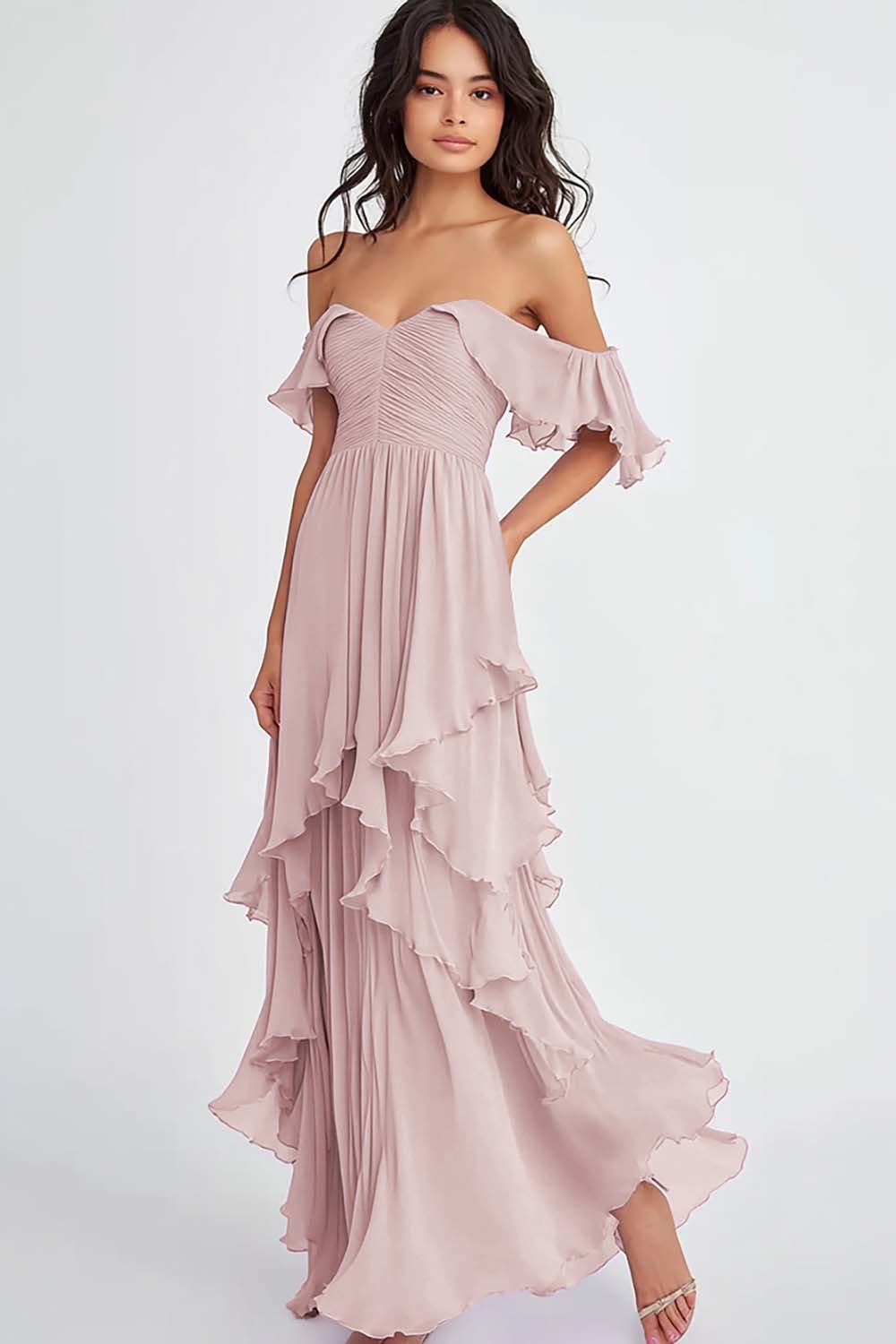 Lilac Off the Shoulder Chiffon Long Formal Dress with Ruffles