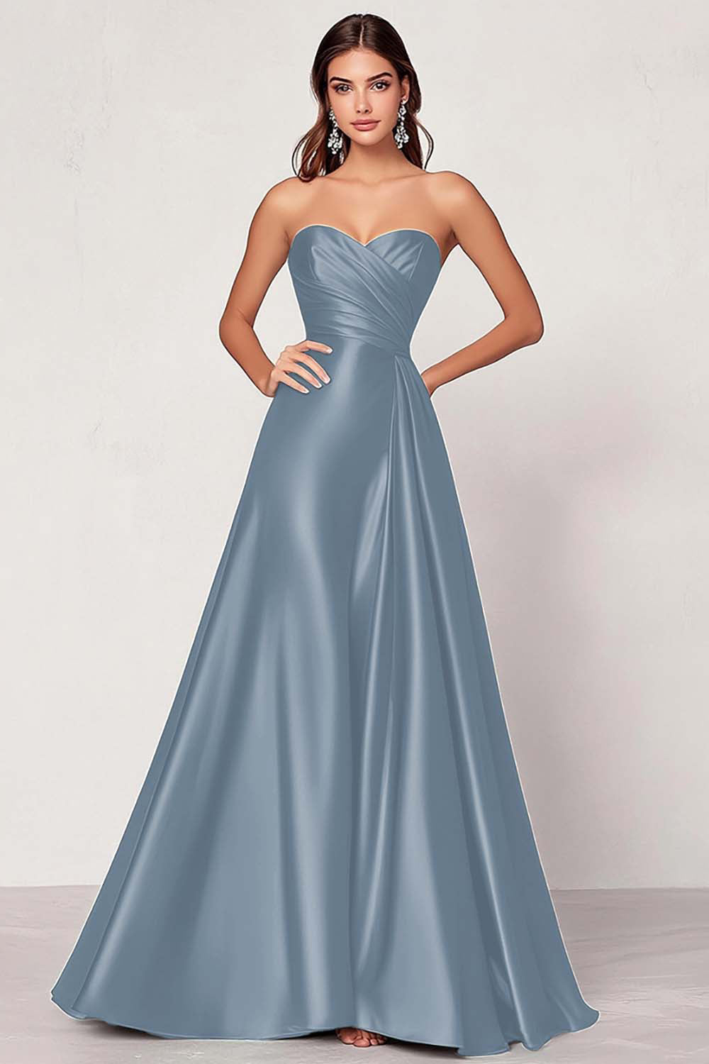 Dusty Blue Satin A Line Sweetheart Long Ruched Prom Dress ﻿