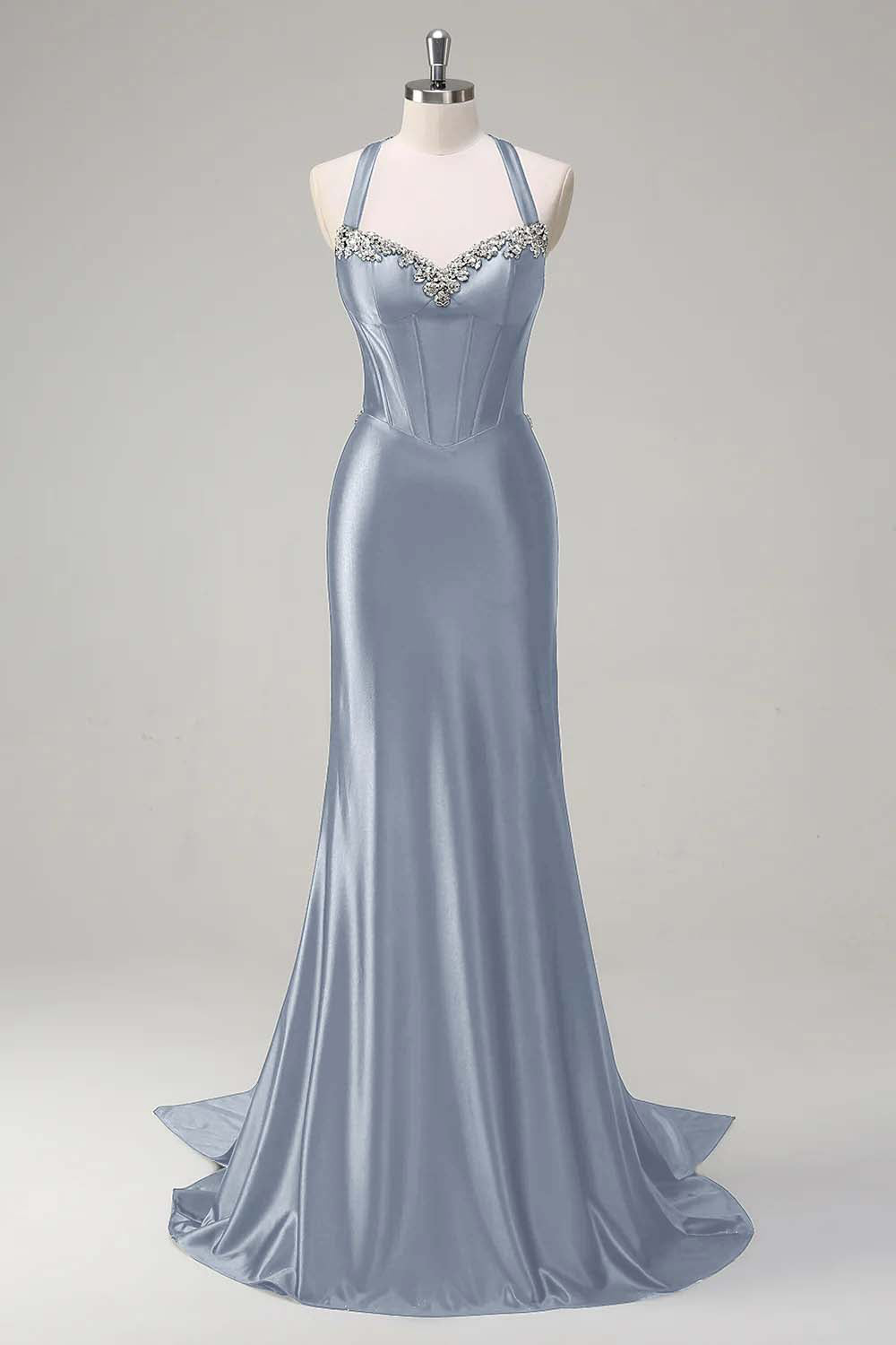 Dusty Blue Sweetheart Mermaid Corset Satin Long Prom Dress
