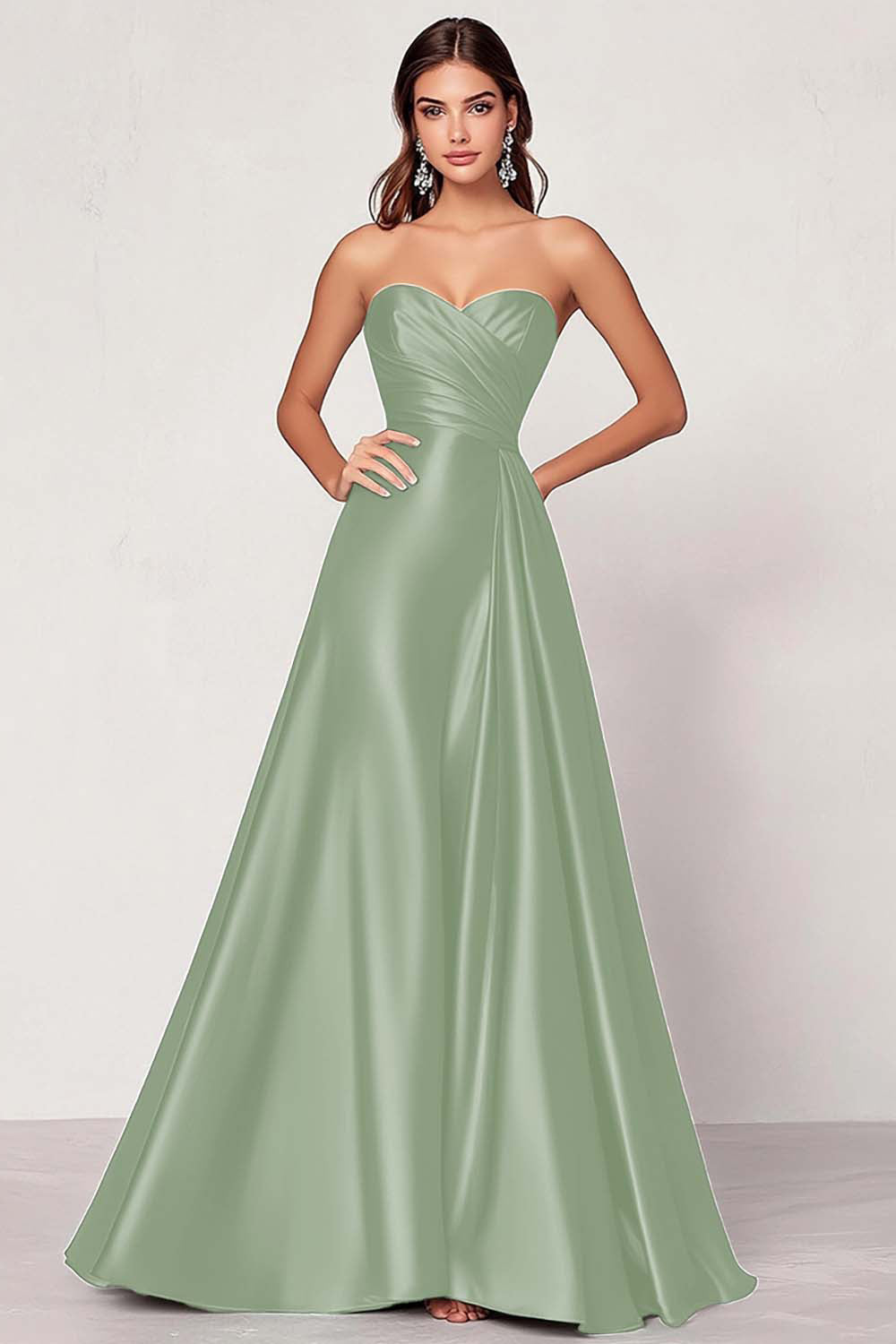 Dusty Blue Satin A Line Sweetheart Long Ruched Prom Dress ﻿