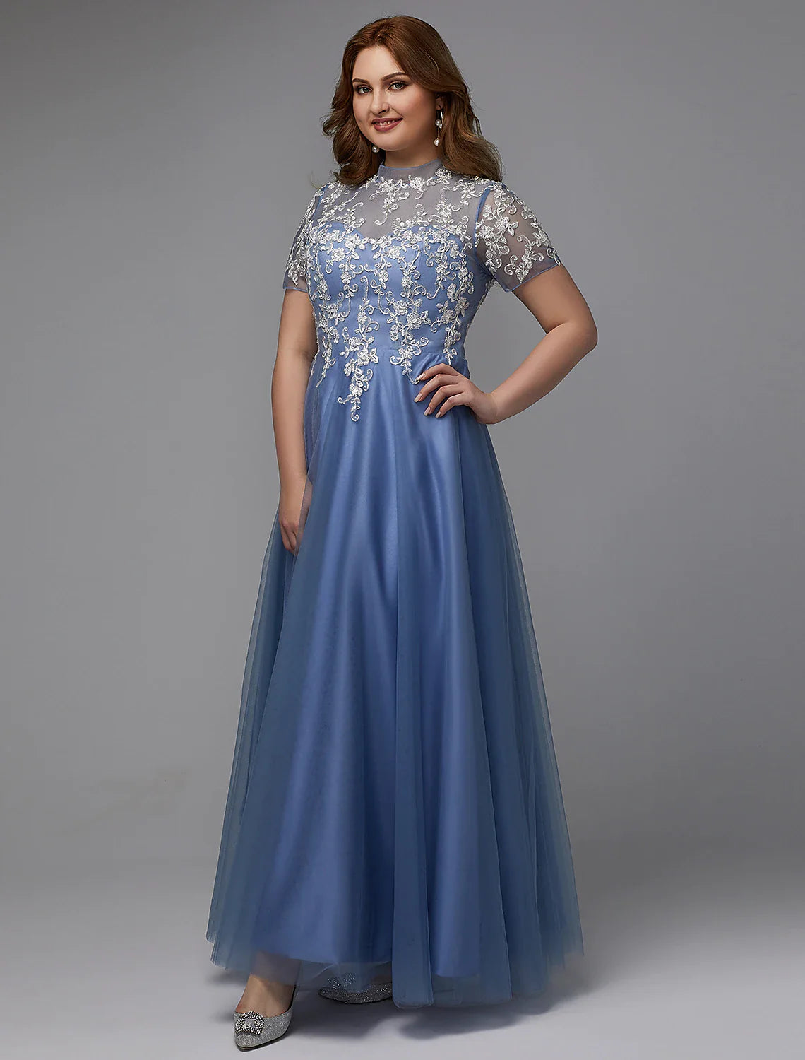 A-Line Plus Size Dress Wedding Guest Floor Length Short Sleeve High Neck Lace Lace-up with Appliques