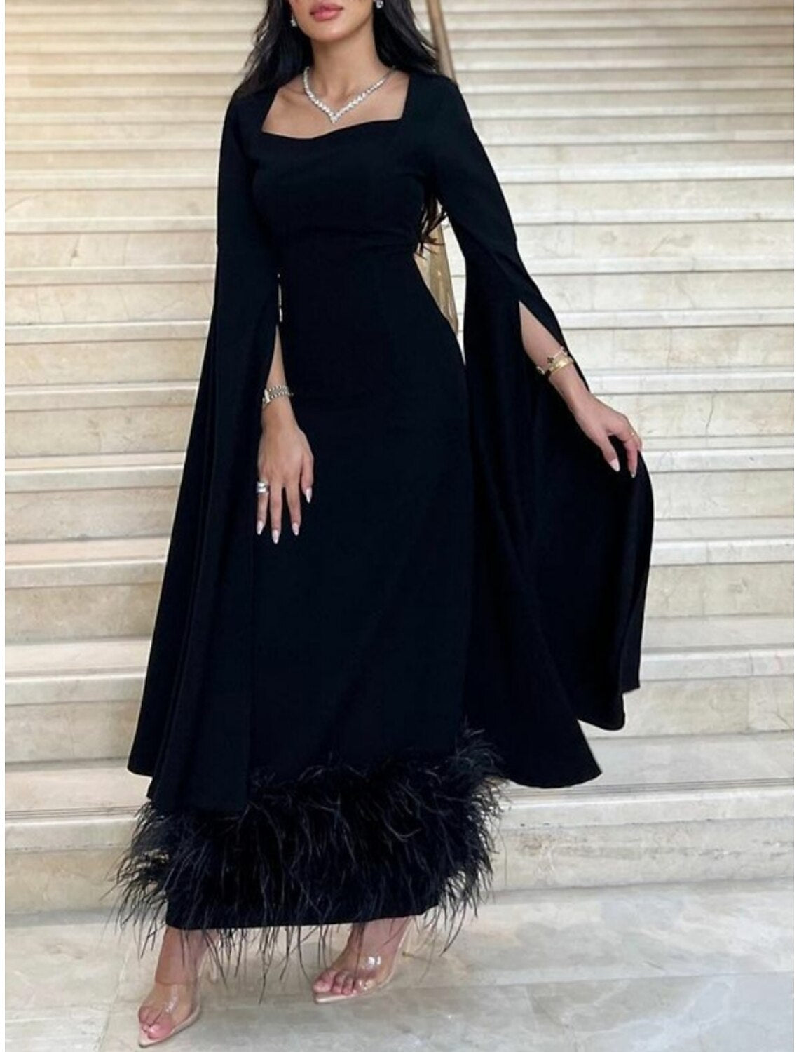 Sheath Black Dress Plus Size Evening Gown Elegant Dress Formal Ankle Length Long Sleeve Square Neck Stretch Fabric with Feather