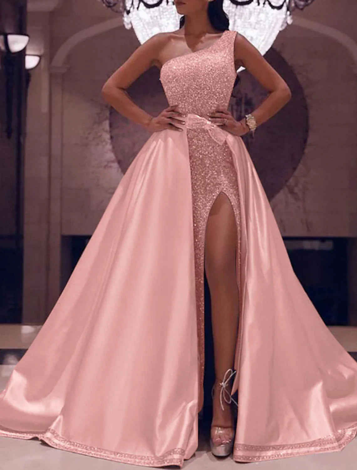 Ball Gown Prom Dresses Sparkle & Shine Dress Evening Party Quinceanera Floor Length Sleeveless One Shoulder Detachable Satin with Bow(s) Sequin