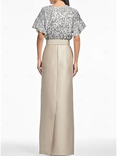 Blue Column Evening Gown Elegant Dress Formal Wedding Guest Floor Length Short Sleeve V Neck Belt / Sash Satin with Glitter Sequin Slit