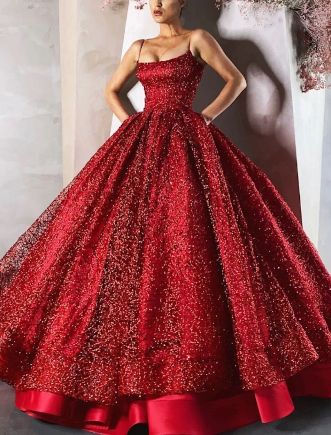 Ball Gown Evening Dress Glittering Luxurious Dress Engagement Wedding Dress Sparkly Floor Length Sleeveless Spaghetti Strap Satin with Tiered