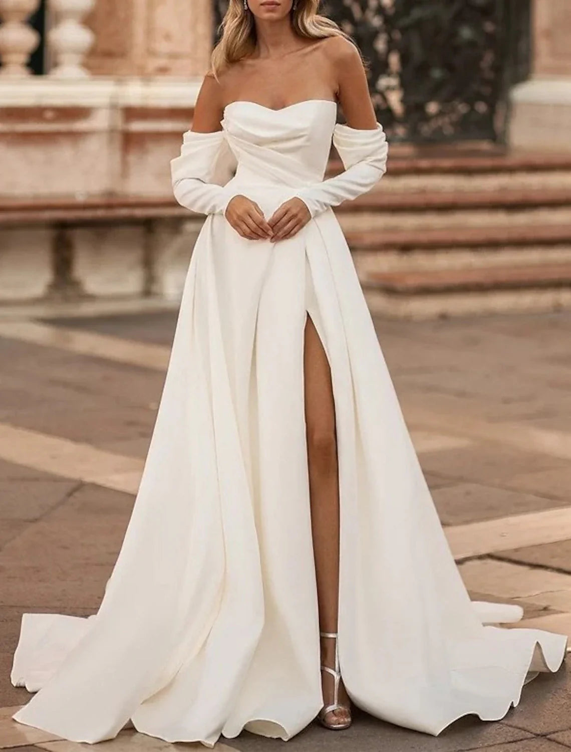 DingJiDress Hall Casual Wedding Dresses A-Line Off Shoulder Long Sleeve Court Train Satin Bridal Gowns With Split Front