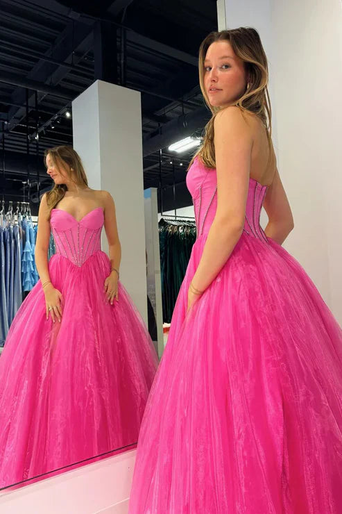 DingJiDress Pink Evening Dress Strapless Organza A-Line Long Prom Dresses