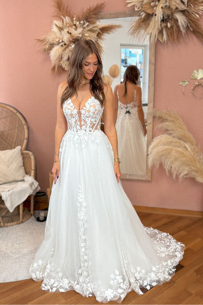 Fairy A Line V Neck Tulle Lace Wedding Dresses