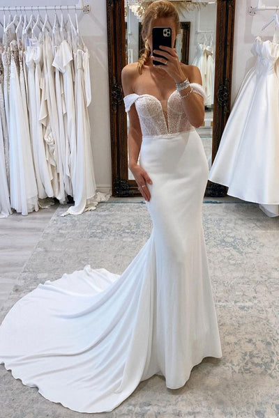 Elegant Mermaid Off the Shoulder Elastic Satin Wedding Dresses with Beading