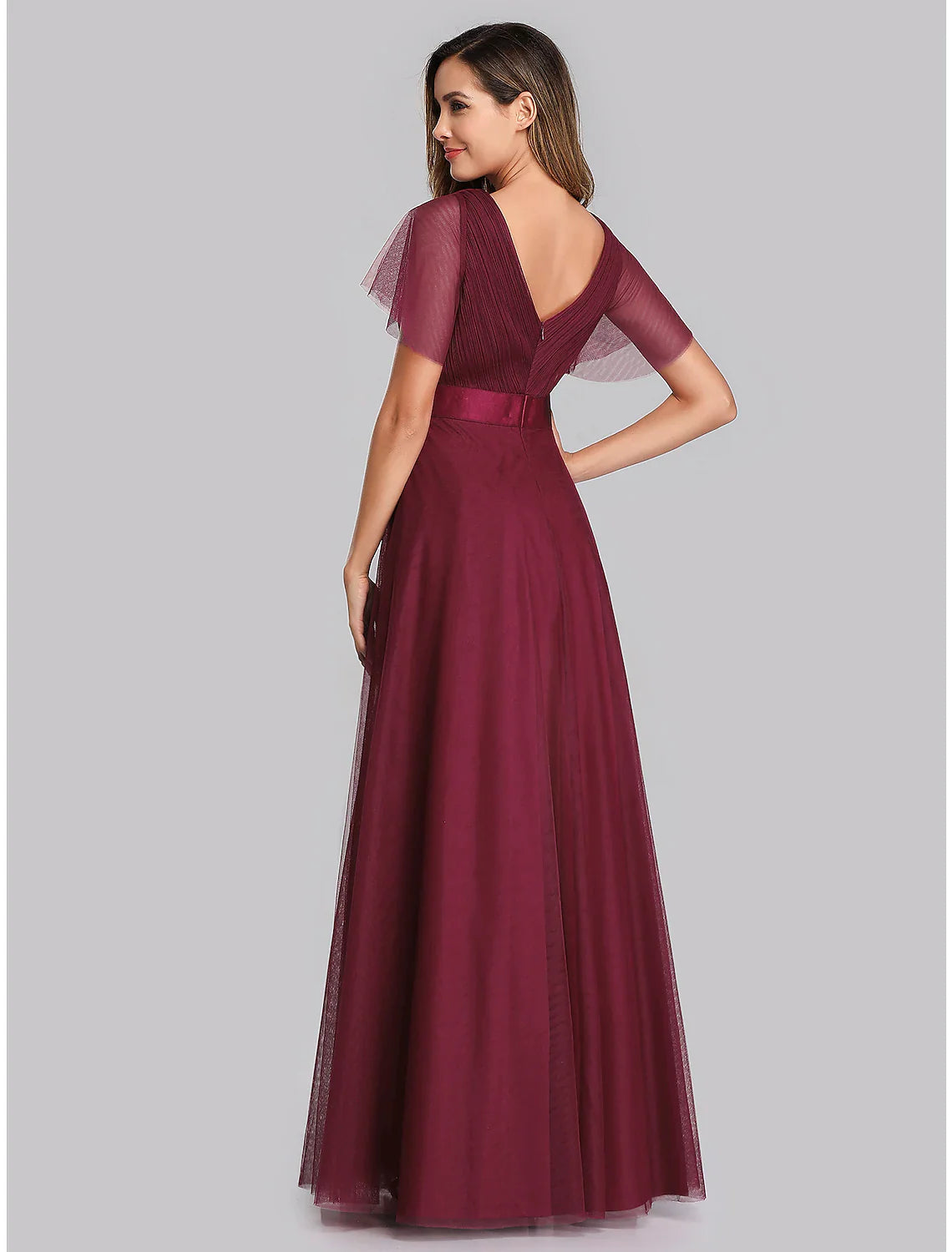 A-Line Prom Dresses Dress Graduation Floor Length Short Sleeve V Neck Chiffon V Back with Ruched Ruffles