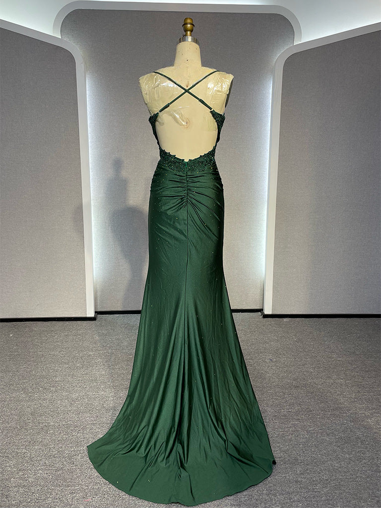 Simple Backless Mermaid Lace Green Long Prom Dress Green Formal Elegant Evening Dress Wedding Dress