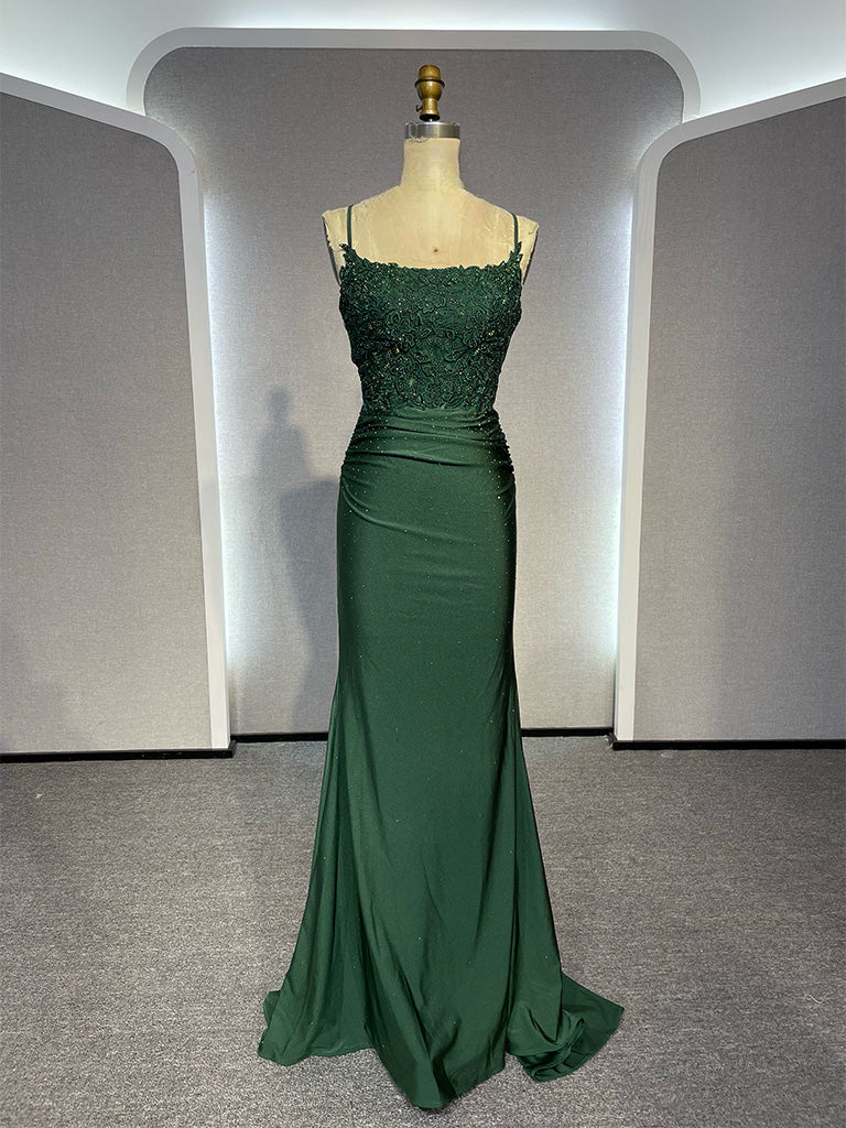 Simple Backless Mermaid Lace Green Long Prom Dress Green Formal Elegant Evening Dress Wedding Dress