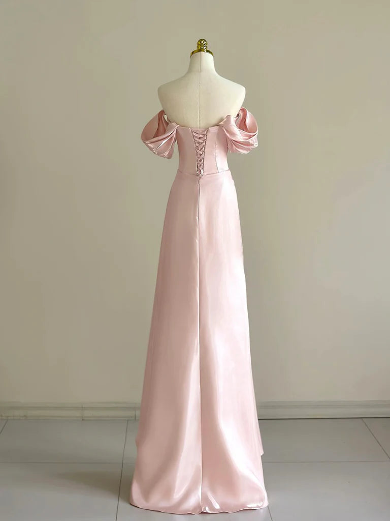 Pink A-Line Satin Long Prom Dress Off Shoulder Pink Long Evening Dress