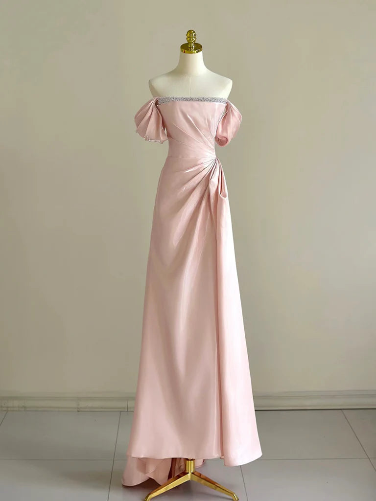 Pink A-Line Satin Long Prom Dress Off Shoulder Pink Long Evening Dress