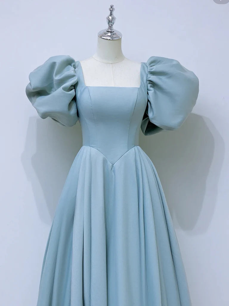 A-Line Square Neckline Satin Blue Long Prom Dress Blue Formal Dress