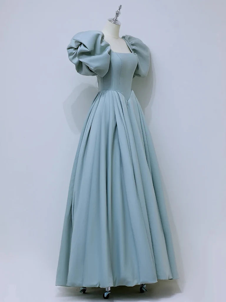 A-Line Square Neckline Satin Blue Long Prom Dress Blue Formal Dress