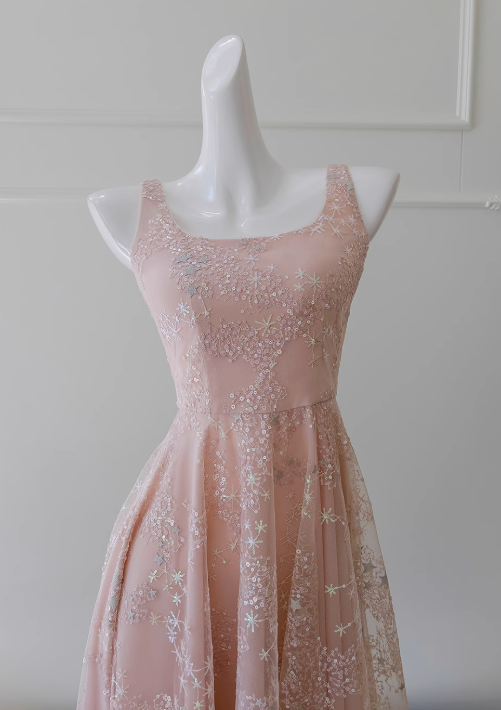 Light pink A-line tulle sequin short prom dress light pink homecoming dress