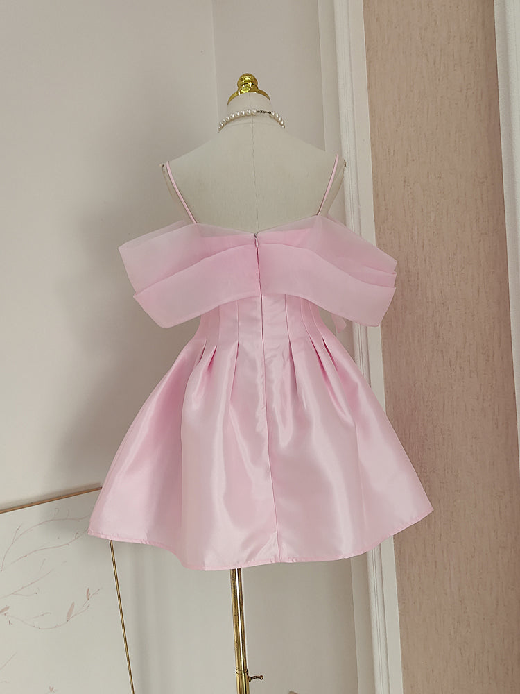 Pink A-line off-the-shoulder tulle satin short prom dress pink homecoming dress