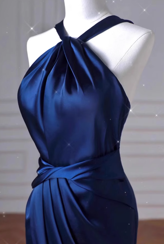 Blue mermaid satin long prom dress blue evening dress