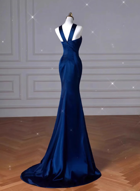 Blue mermaid satin long prom dress blue evening dress