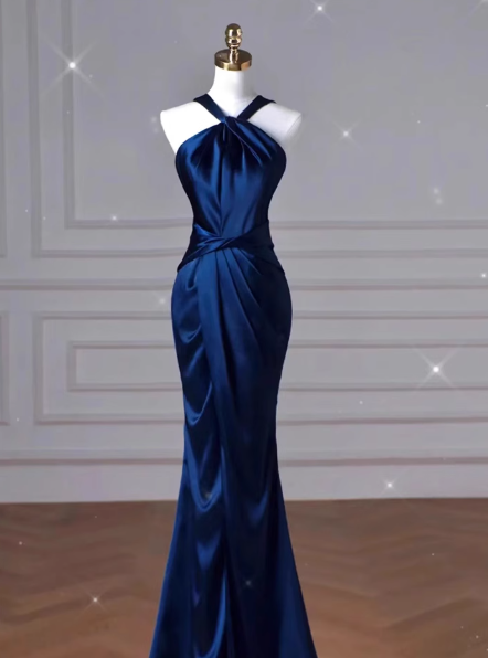 Blue mermaid satin long prom dress blue evening dress