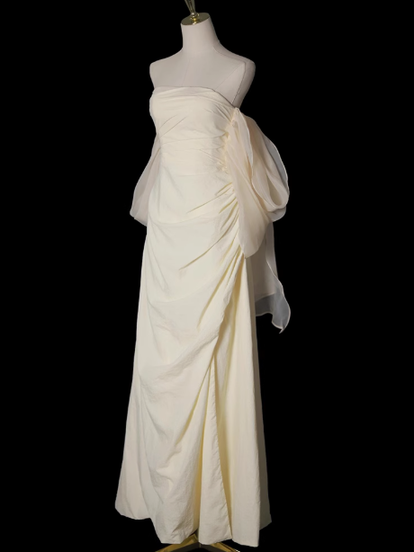 Apricot A-line strapless satin long prom dress apricot evening dress