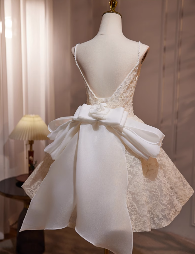 Off-white A-line v-neck mesh lace beaded short prom dress Off-white birthday dress