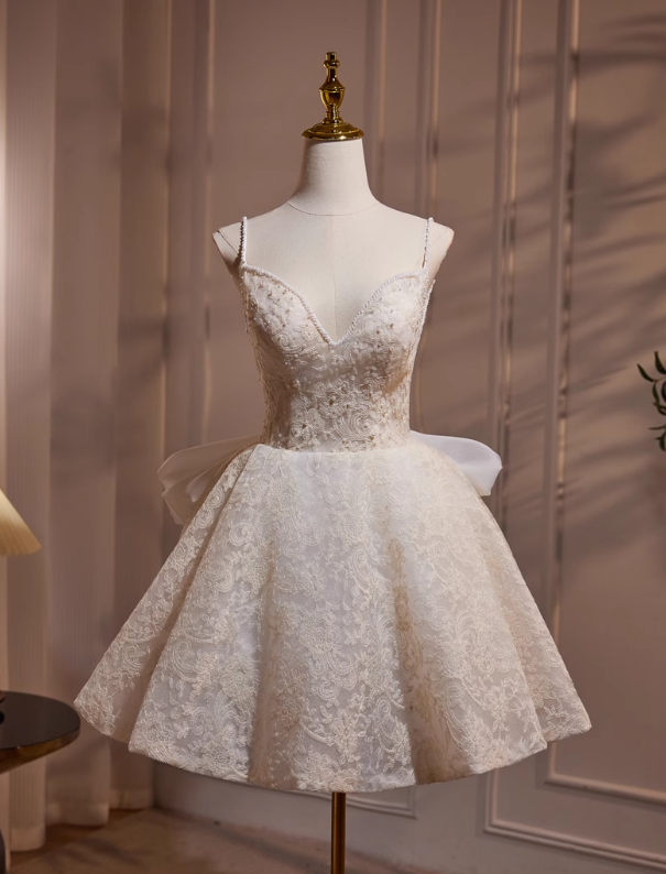 Off-white A-line v-neck mesh lace beaded short prom dress Off-white birthday dress