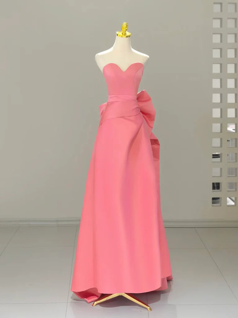 A-Line Sweetheart Neck Satin Pink Long Prom Dress Pink Long Formal Dress