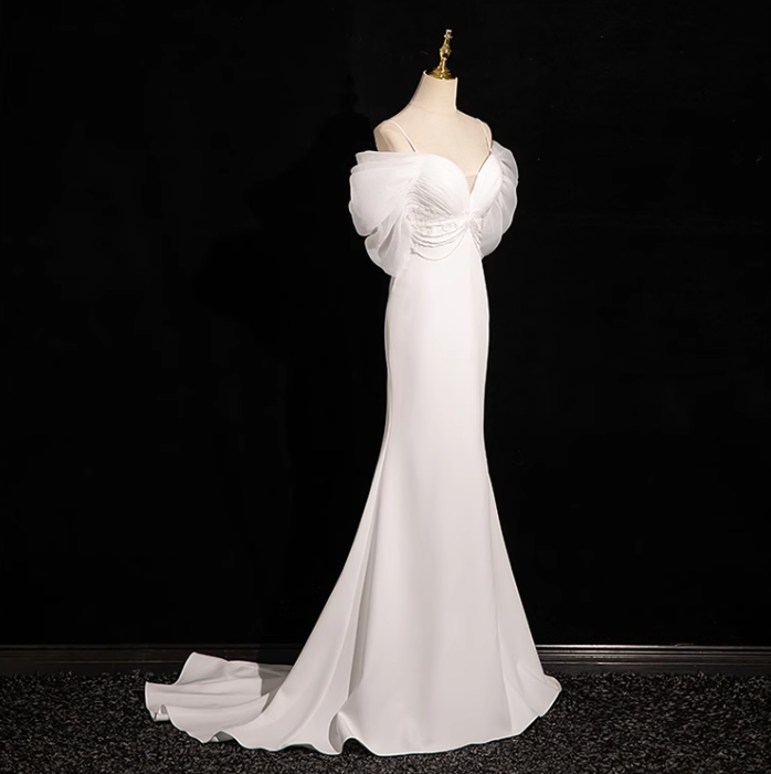 Mermaid V Neckline Satin Tulle White Long Prom Dress White Wedding Dress