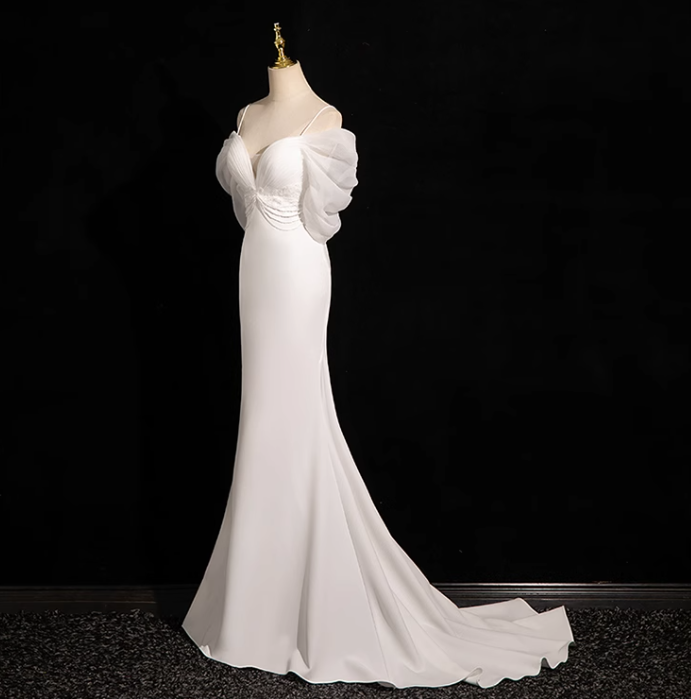Mermaid V Neckline Satin Tulle White Long Prom Dress White Wedding Dress