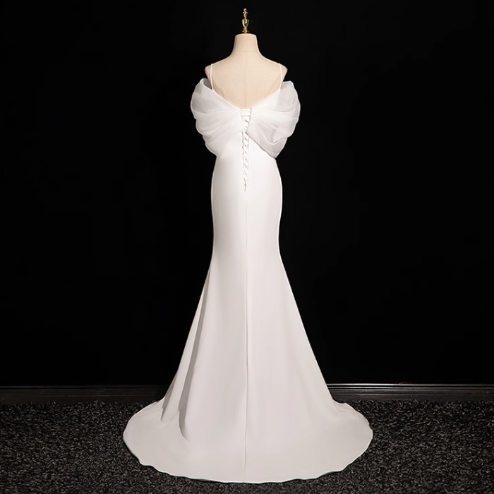Mermaid V Neckline Satin Tulle White Long Prom Dress White Wedding Dress