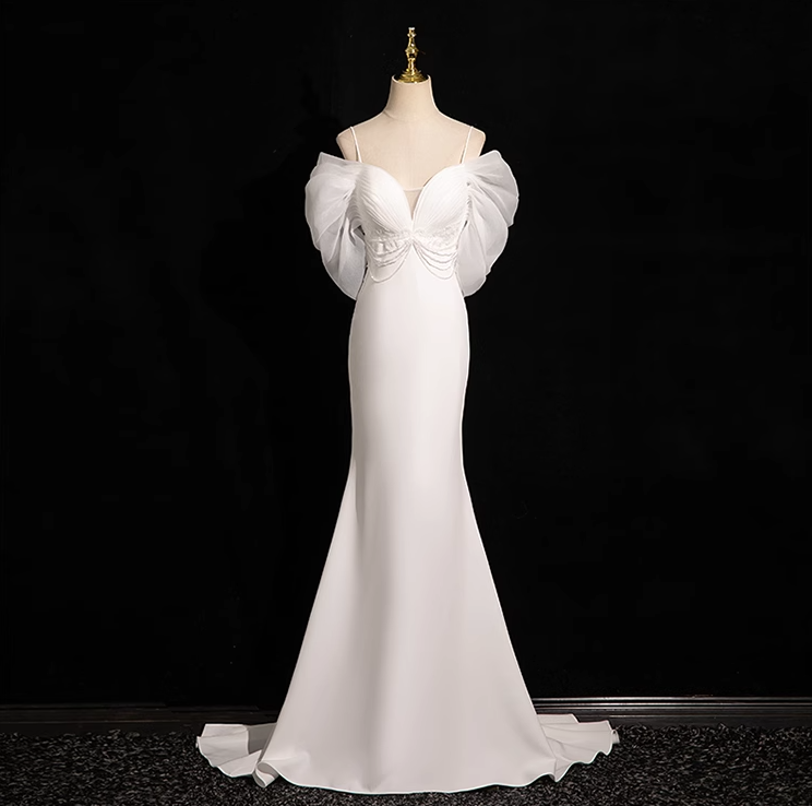 Mermaid V Neckline Satin Tulle White Long Prom Dress White Wedding Dress