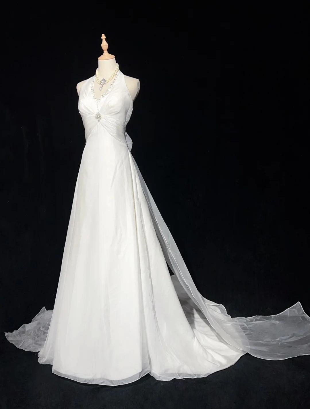 White Mermaid Halter Satin Beading Long Prom Dresses White Wedding Dresses