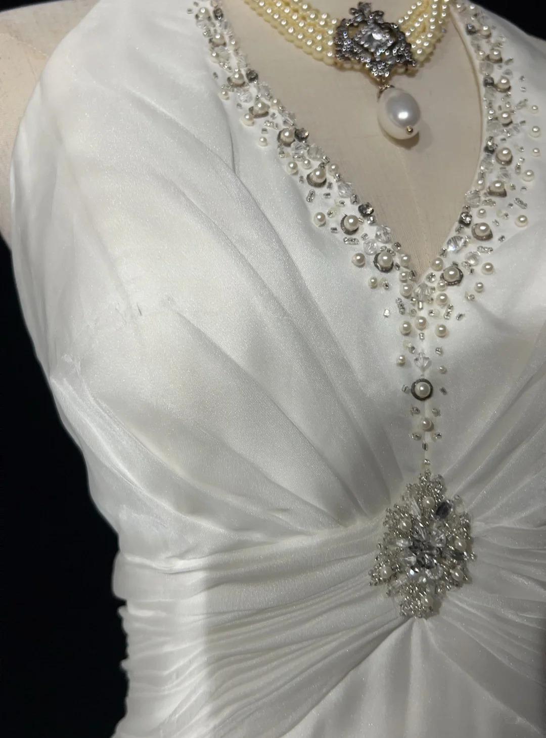 White Mermaid Halter Satin Beading Long Prom Dresses White Wedding Dresses
