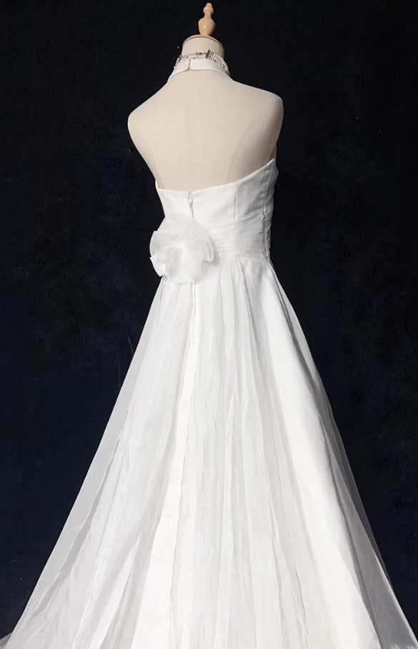 White Mermaid Halter Satin Beading Long Prom Dresses White Wedding Dresses