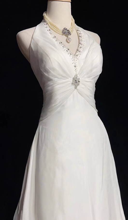 White Mermaid Halter Satin Beading Long Prom Dresses White Wedding Dresses