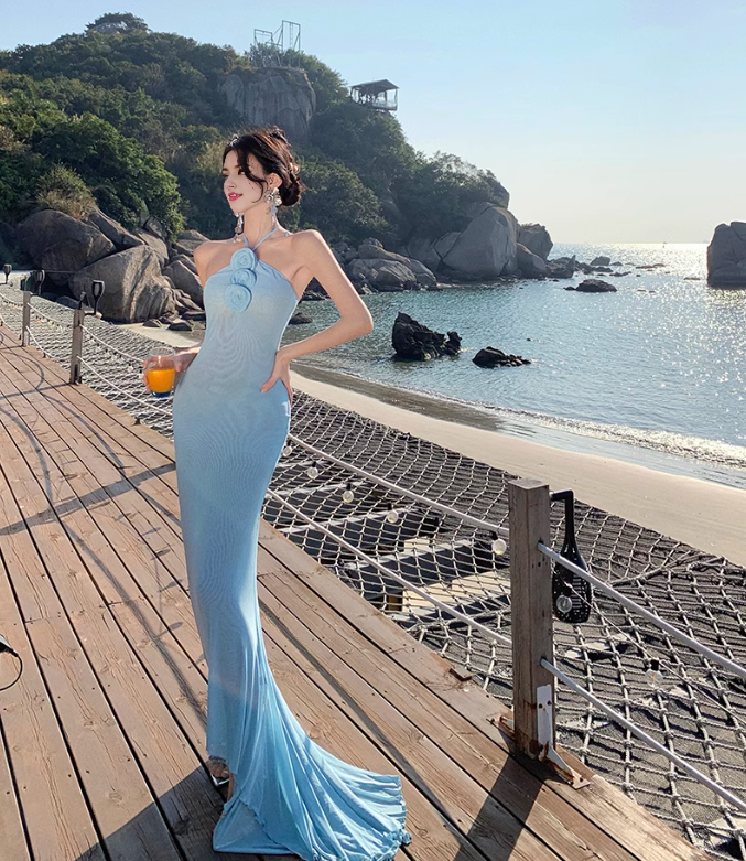 Light Blue Mermaid Halter Neck Long Prom dress Ball Gown