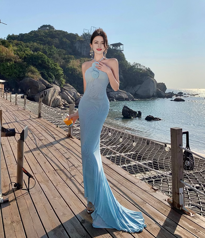 Light Blue Mermaid Halter Neck Long Prom dress Ball Gown