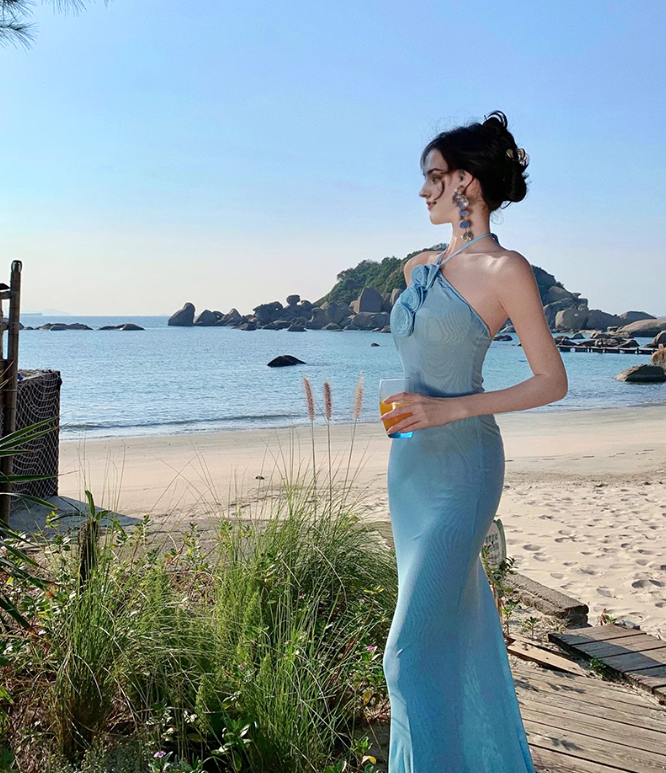 Light Blue Mermaid Halter Neck Long Prom dress Ball Gown