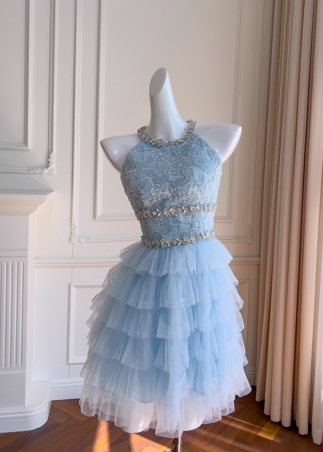 Blue A-line beaded tulle short prom dress blue homecoming dress