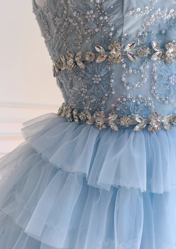 Blue A-line beaded tulle short prom dress blue homecoming dress