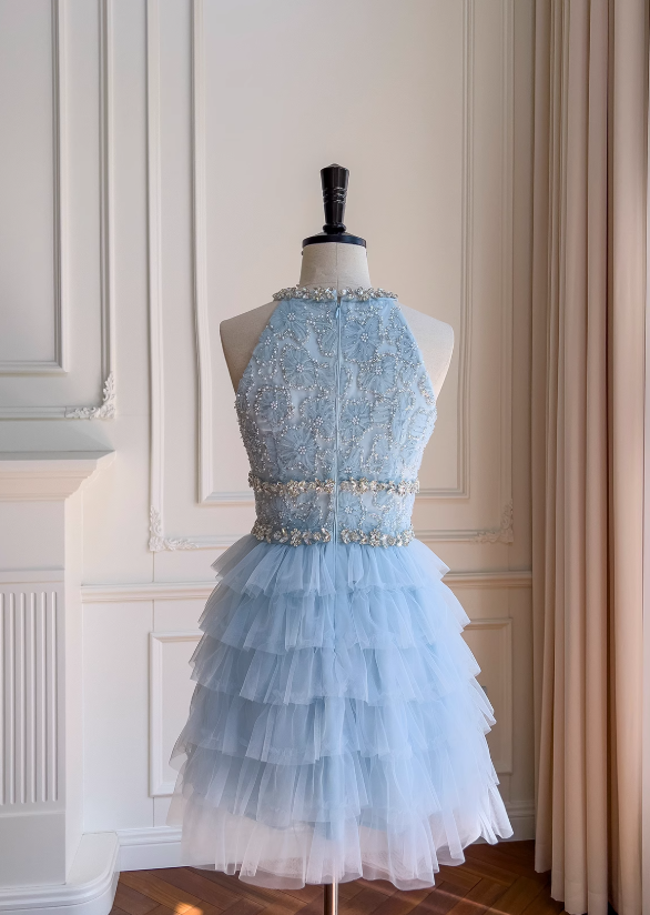 Blue A-line beaded tulle short prom dress blue homecoming dress