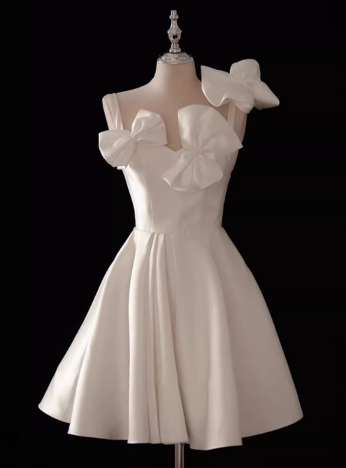 White A-line spaghetti strap satin short prom dress white bridesmaid dress