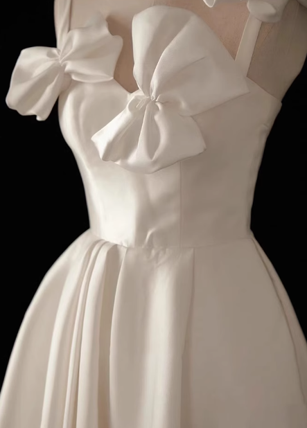 White A-line spaghetti strap satin short prom dress white bridesmaid dress
