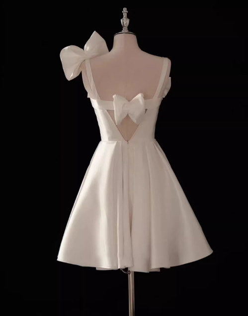 White A-line spaghetti strap satin short prom dress white bridesmaid dress