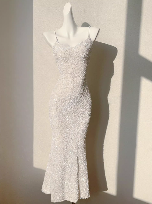 French Champagne Embroidered Sequin Suspender Dress Mermaid Party Dress