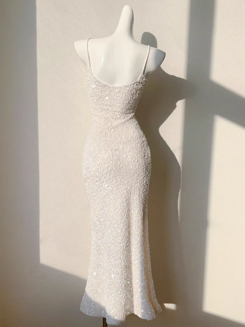 French Champagne Embroidered Sequin Suspender Dress Mermaid Party Dress